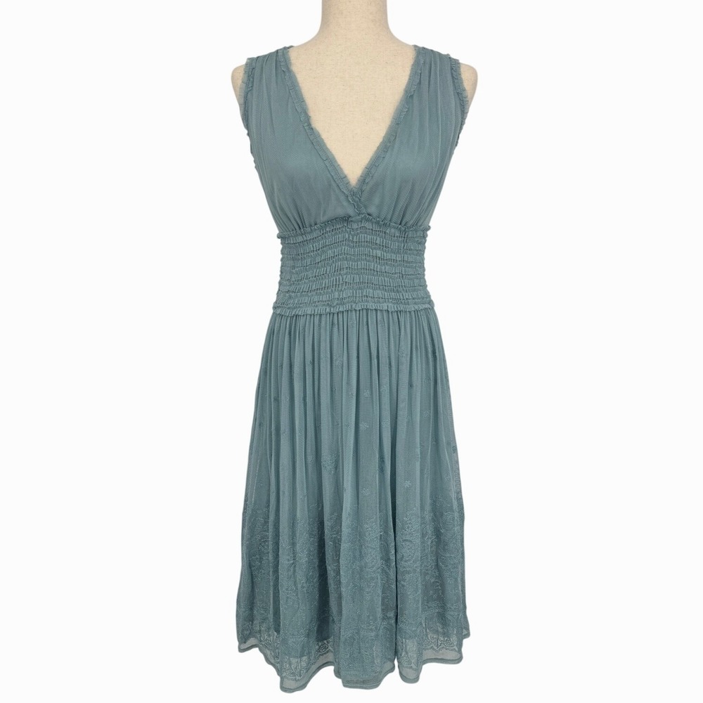 Y2K Max Studio Dress Size 0 Blue Silk Mesh Smocked Fairycore Romantic Ethereal